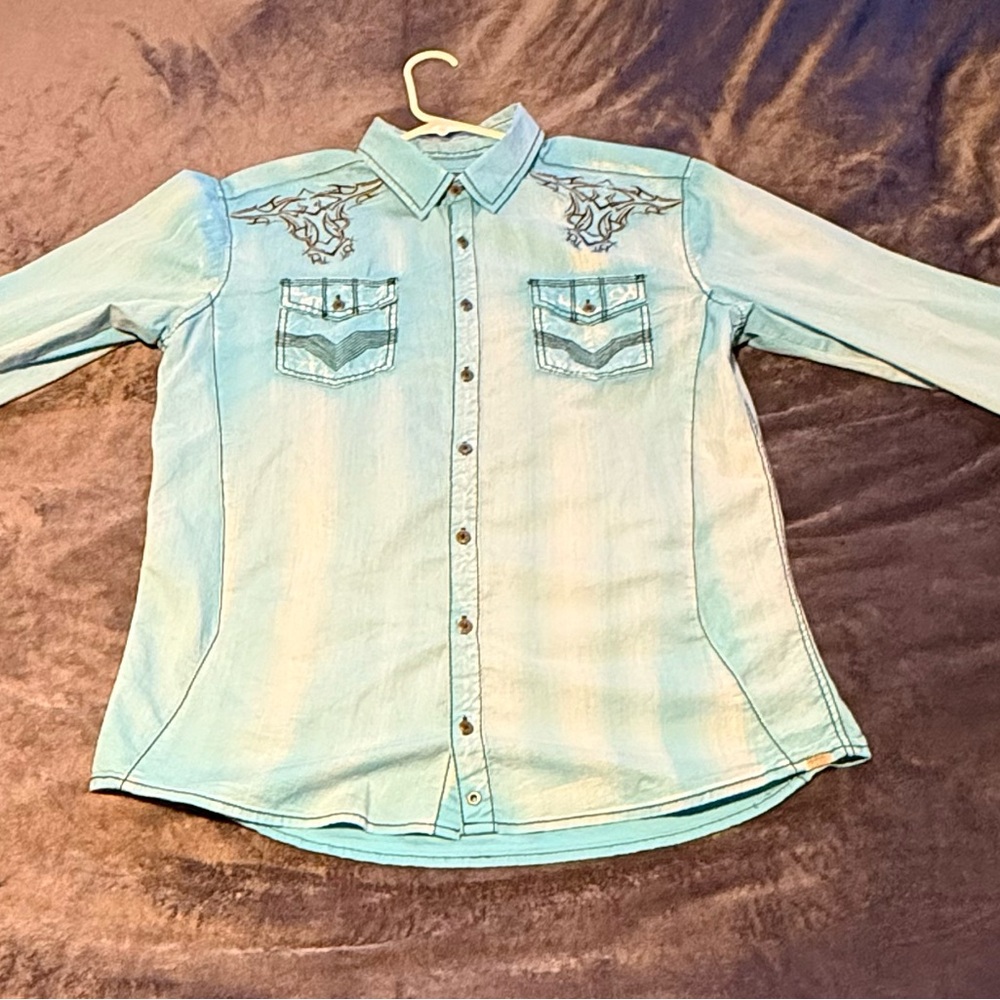Buckle Embroidered Sky Blue Casual Shirt